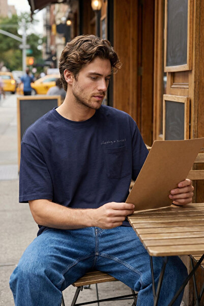 Trendyol Collection Tricou 100% bumbac, albastru bleumarin, supradimensionat/...