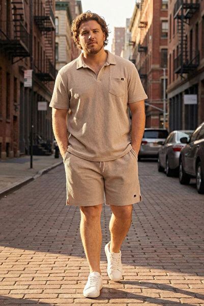 Trendyol Collection Camel Regular Cut Textured Polo Collar T-Shirt-Shorts Lar...