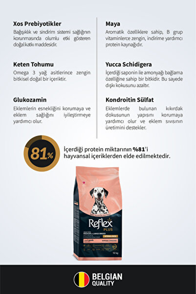 Reflex Plus Kuzu Etli Orta Ve Büyük Irk Kısırlaştırılmış Yetişkin Köpek Maması 12 Kg