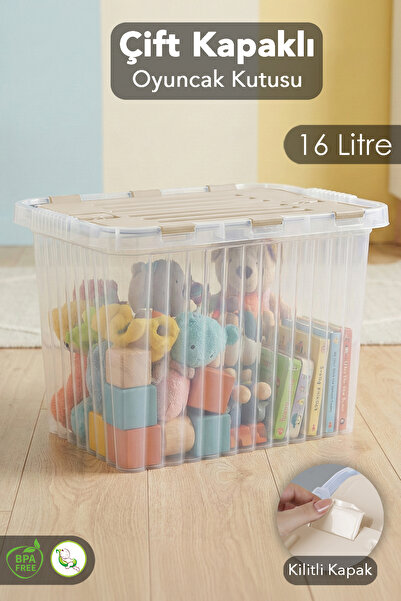 Lock Lid Baby Kids Room Storage Box - Organizer Organizer Toy Box Beige - 16 Lt