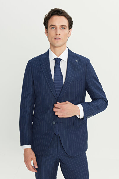 ALTINYILDIZ CLASSICS Men's Navy Blue Linen Slim Fit Slim Fit Swallow Collar S...