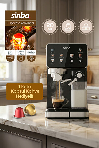 Sinbo Scm‑2995 Pro Kapsüllü & Toz Kahve Espresso Makinesi – 20 bar Basınç, Sü...