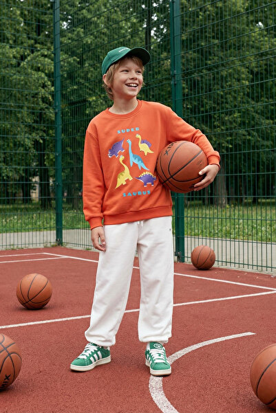 TRENDYOLKIDS Orange Boy Seasonal-Thin Dinosaur Patterned Crew Neck Knitted Sw...