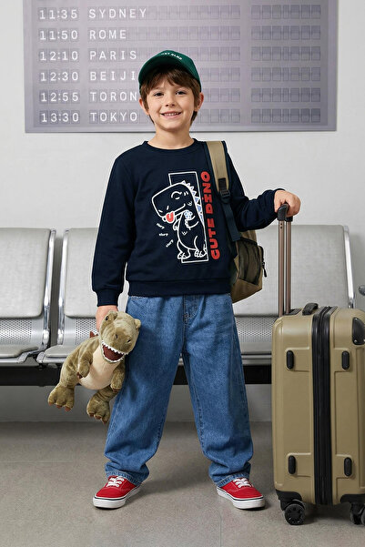 TRENDYOLKIDS Navy Blue Boys Seasonal-Thin Dinosaur Patterned Crew Neck Knitte...