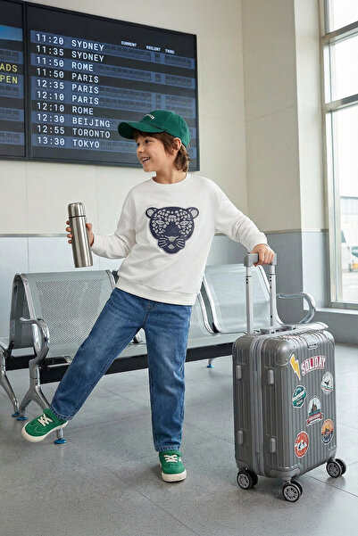 TRENDYOLKIDS Chłopięca bluza sezonowa Ecru - Cienki wzór tygrysa, bawełna Tkd...