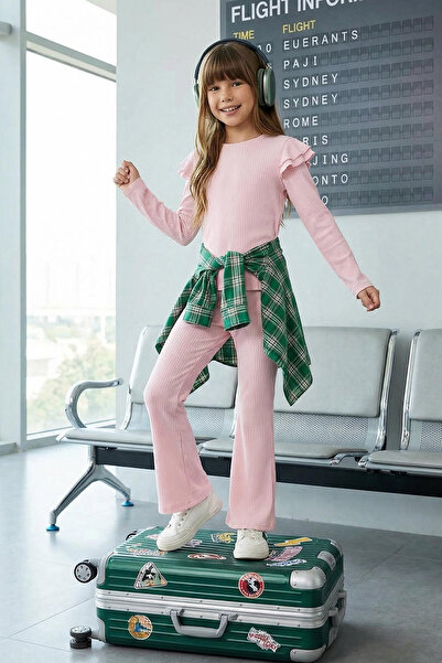 TRENDYOLKIDS Różowy dziewczęcy gładki dzianinowy kombinezon góra-dół Tkdaw25A...