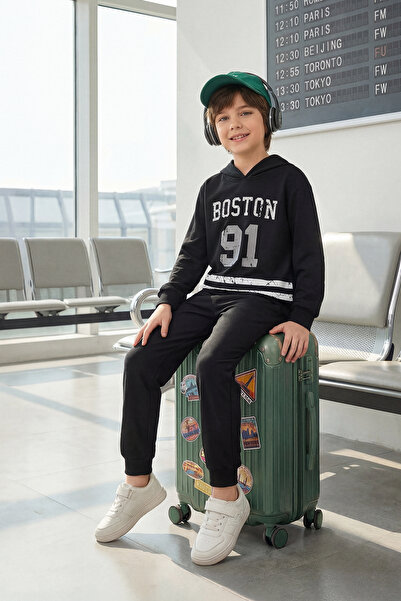 TRENDYOLKIDS Αγόρι μαύρο βαμβακερό κοστούμι σύνθημα - TKDAW25AU00036