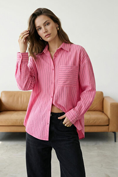 Trendyol Collection Rosa gestreiftes, detailliertes, gewebtes Oversize-Hemd m...