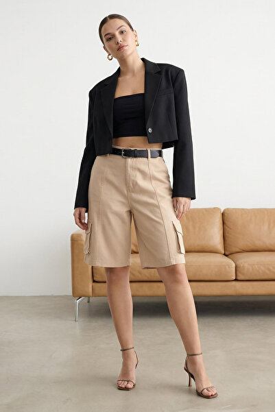 Trendyol Collection Beige High Waist Cargo Pocket Bermuda Shorts & Bermuda Tw...