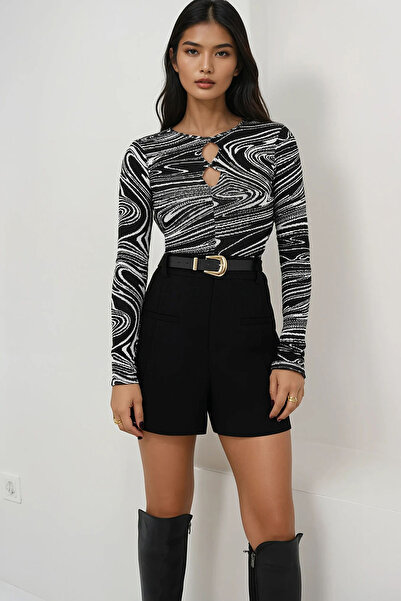 Trend Alaçatı Stili Women's Black Patterned Boat Neck Drop Shoulder Crop Blou...