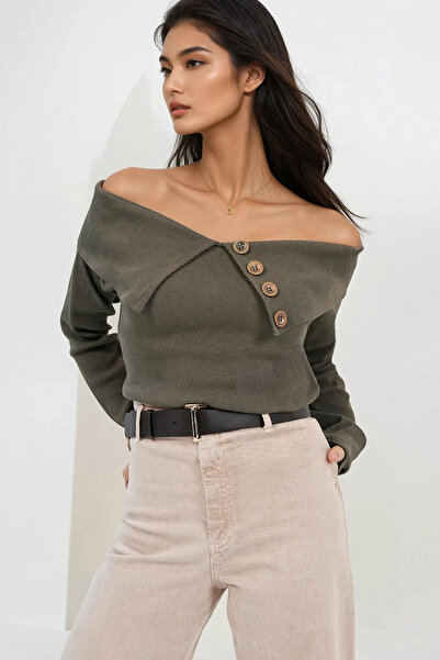 Trend Alaçatı Stili Women's Khaki Madonna Collar Button Accent Piece Knitwear...