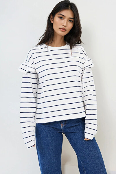 Trend Alaçatı Stili Women's Navy Blue-Striped Crew Neck Ruffled Shoulder Blou...