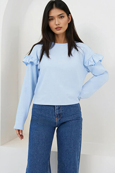 Trend Alaçatı Stili Women's Blue Crew Neck Ruffled Shoulder Blouse Alc-X14862