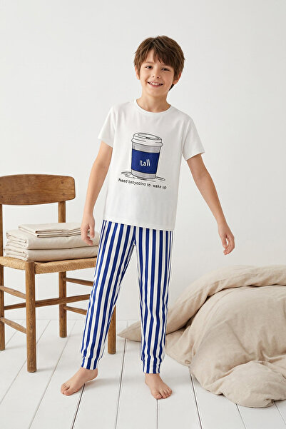 TRENDYOLKIDS Boy's Navy Blue Striped Pajamas Set - Cotton Top and Bottom Set ...