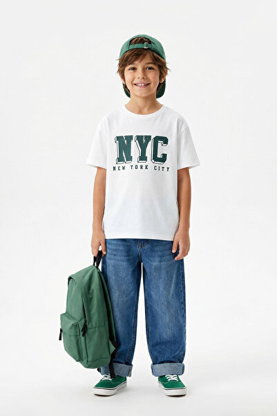 TRENDYOLKIDS Chlapecké Ecru 100% bavlna Slogan Tričko s krátkým rukávem s pot...