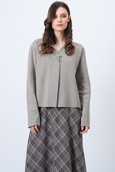 Trend Alaçatı Stili Dunkelbeige Damen-Cardigan mit V-Ausschnitt und Broschend...