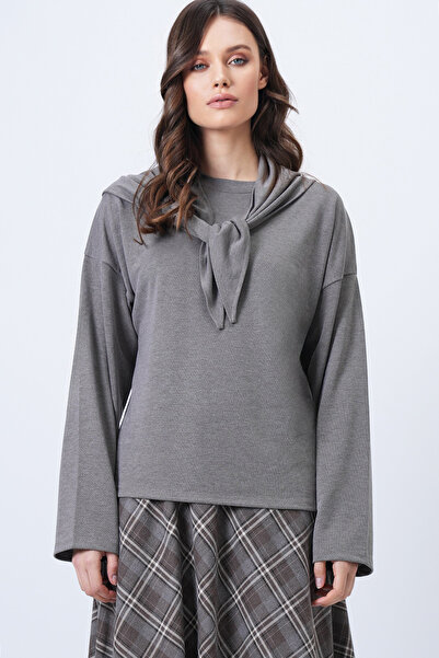 Trend Alaçatı Stili Women's Mink Crew Neck Knitted Blouse with Self Scarf Acc...