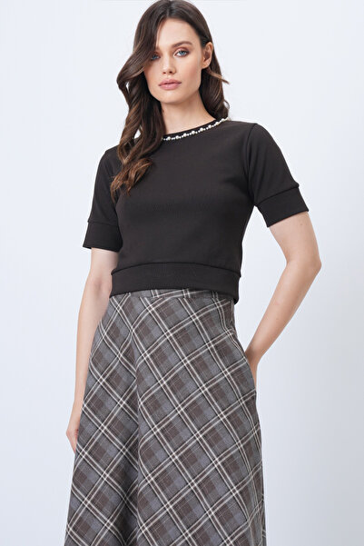 Trend Alaçatı Stili Women's Bitter Brown Crew Neck Pearls Knitwear Blouse Alc...