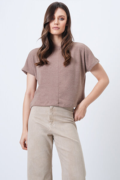 Trend Alaçatı Stili Bluză tricotată cu jumătate de mânecă bej guler ridicat p...