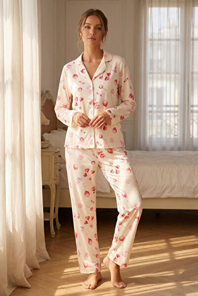 Trendyol Collection Комплект пижама с плетена форма на сърце, екрю, 100% паму...