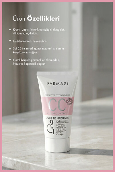 Farmasi CC Krem | 02 Light to Medium SPF 25 Nemlendirici 9 in 1 Ton Eşitleyici 50 ml
