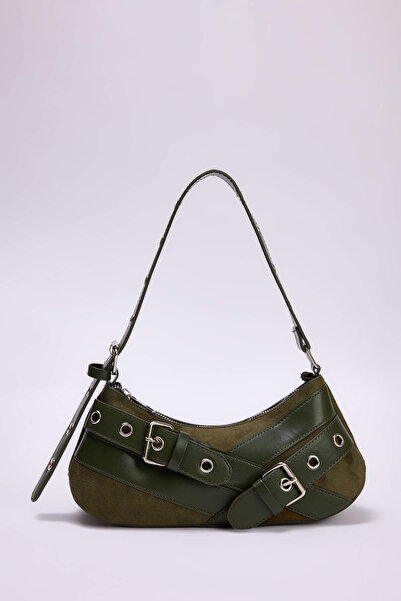 TRENDYOL SHOES Khakifarbene Baguette-Umhängetasche für Damen mit Ösen und Gür...