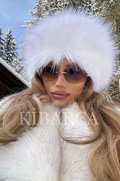 kibarca Trend Standart Beden Beyaz Kışlık Kürk Rus Kalpak Uzun Tüylü Peluş Ceket