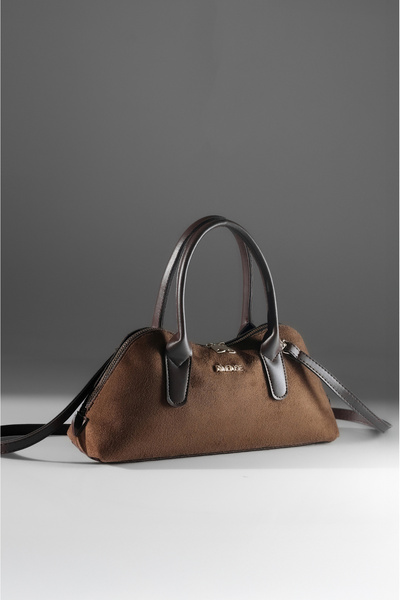 Rimense Women's Brown Suede Hand and Shoulder Bag with Gold Accessory Detail