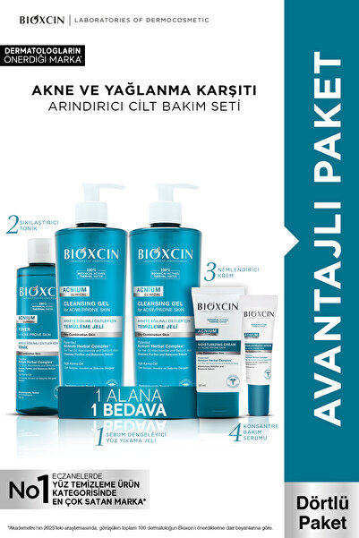 Bioxcin Acnium Tüm Cilt Tipleri İçin Akne Karşıtı Yüz Temizleme Jeli x2 + Ton...