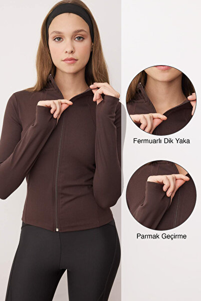 Trendyol Collection Καφέ Soft χνουδωτό ύφασμα με κουκούλα και Reflector με τύ...