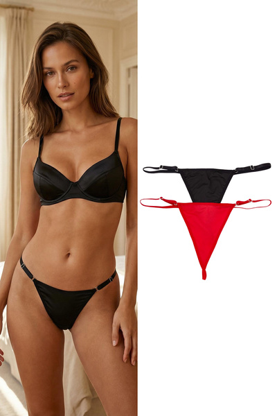 Trendyol Collection Schwarz-rotes 2-teiliges String-Strickhöschen mit Micro-S...