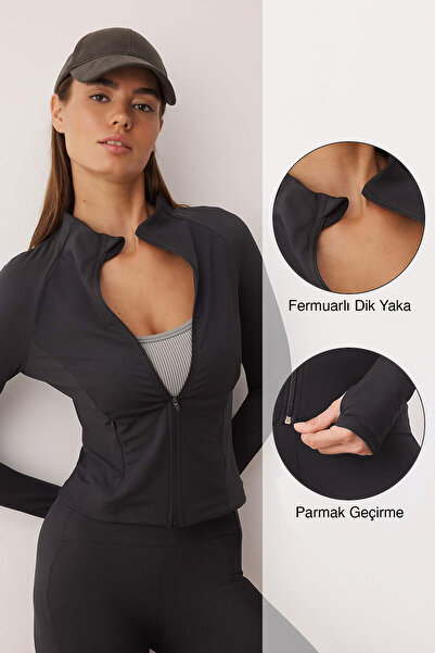 Trendyol Collection Anthracite Diver/Scuba ύφασμα πλεκτό αθλητικό μπουφάν THM...