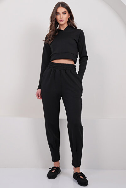 Trend Alaçatı Stili Women's Black Hooded Crop Sweatshirt and Stitching Detail...