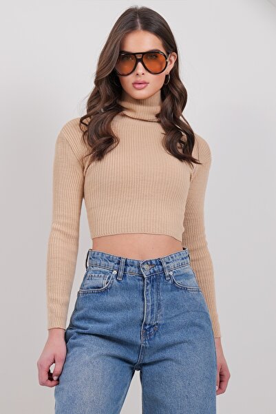 Trend Alaçatı Stili Women's Dark Beige Turtleneck Crop Knit Sweater Alc-X14989