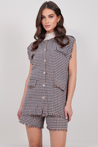 Trend Alaçatı Stili Women's Navy Blue-Orange Ornamental Pocket Tassel Long Sl...