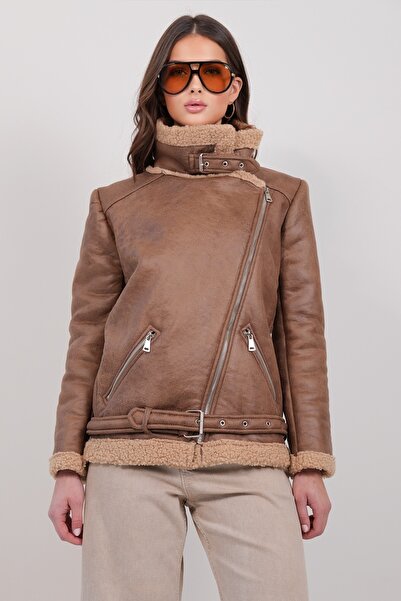Trend Alaçatı Stili Women's Brown Fur Lined Faux Leather Jacket Alc-X14971