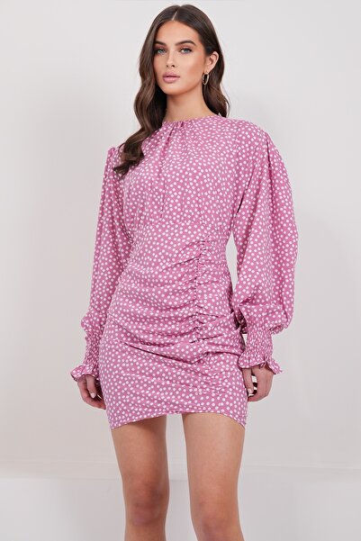 Trend Alaçatı Stili Γυναικείο φόρεμα Dusty Rose με φαρδύ λαιμόκοψη με λεπτομέ...