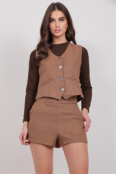 Trend Alaçatı Stili Women's Tan Plaid Patterned Shorts Alc-X14926