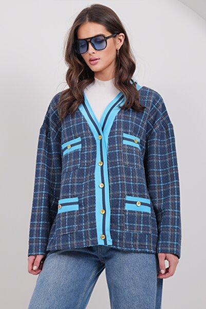 Trend Alaçatı Stili Women's Navy Blue Pocket Detailed Tweed Ribbed Unlined Ja...