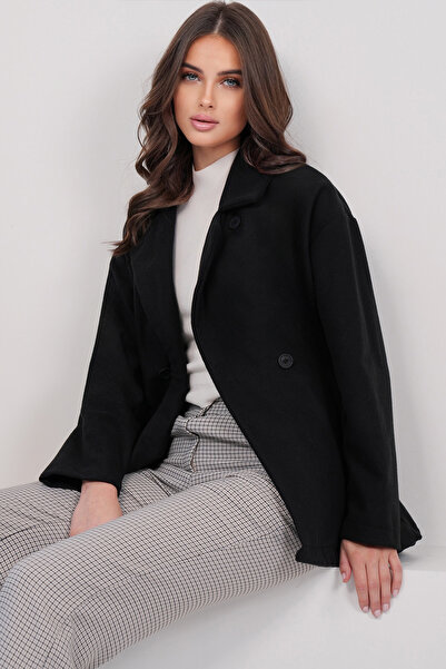 Trend Alaçatı Stili Γυναικείο μαύρο παλτό με γιακά κασετίνα ALC-X14939