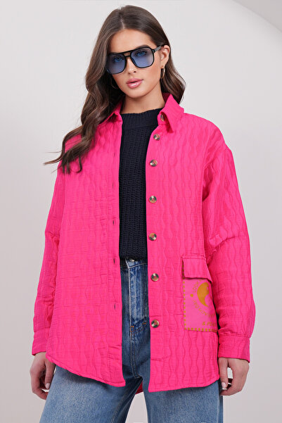 Trend Alaçatı Stili Jachetă cămașă matlasată cu buzunar fucsia pentru femei A...