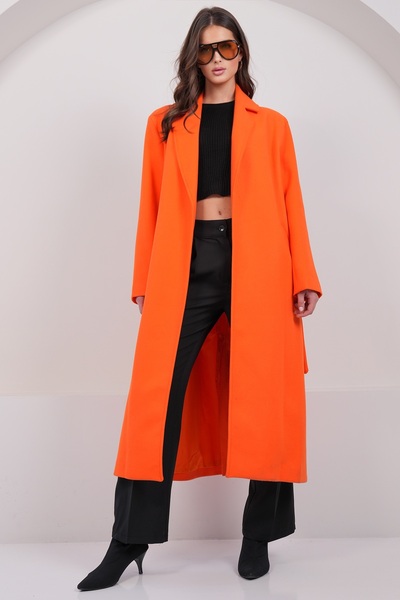 Trend Alaçatı Stili Women's Orange Jacket with Collar, Self-Belted, Lined Ins...