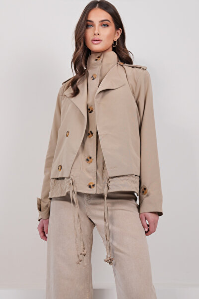 Trend Alaçatı Stili Trench căptușit cu design guler ridicat pentru femei, kak...