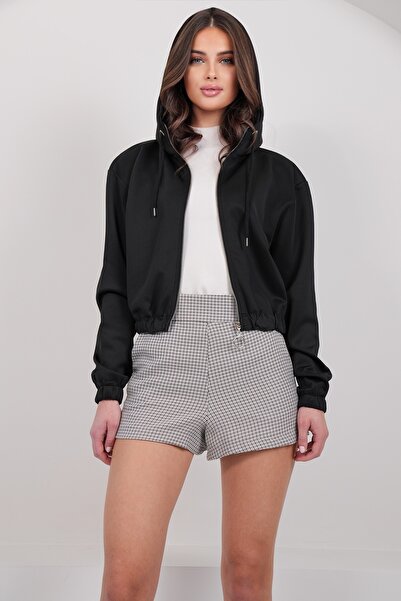 Trend Alaçatı Stili Women's Black Hooded Elastic Waist Crop Jacket Alc-X14998