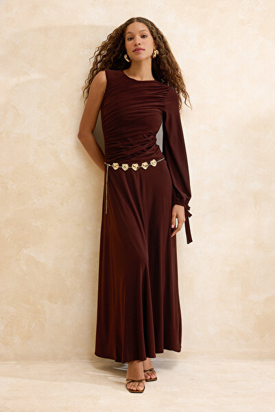 Trendyol Collection Brown Metal Belt Accessory Detailed Knitted Evening Dress...