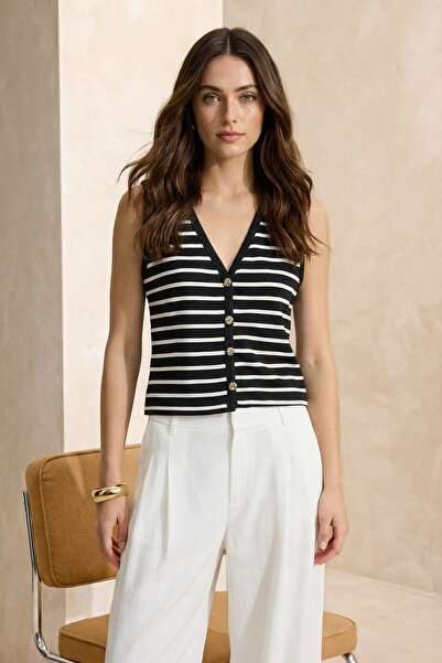 Trendyol Collection Black Striped Fitted/Bodycon V-Neck Button Sleeveless Int...