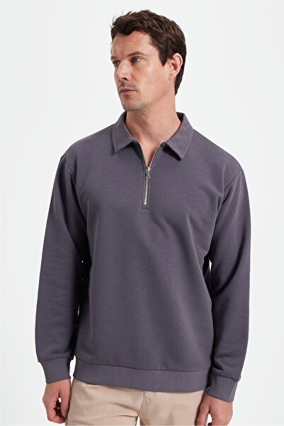 Tudors Erkek Relax Fit Rahat Kesim Pamuklu 3 İplik Fermuarlı Polo Yaka Koyu G...