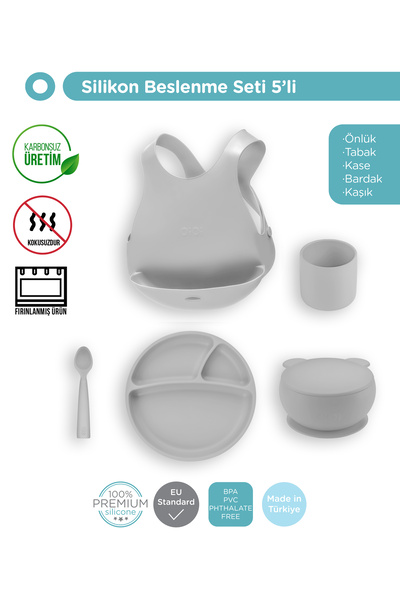 OiOi Powder Grey Beşli Set (önlük+tabak+kase+bardak+kaşık)