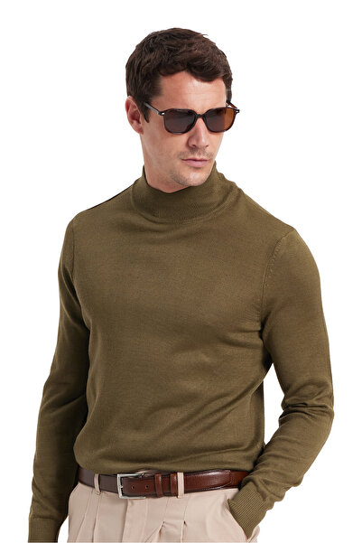 Tudors Men's Standard Fit Regular Cut Half Turtleneck Plain Khaki Knitwear Sw...