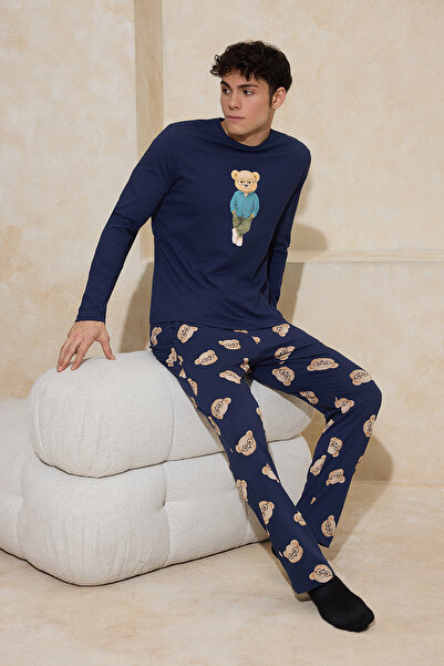 Trendyol Collection Sötétkék normál 100% pamut mackómintás kötött pizsama sze...